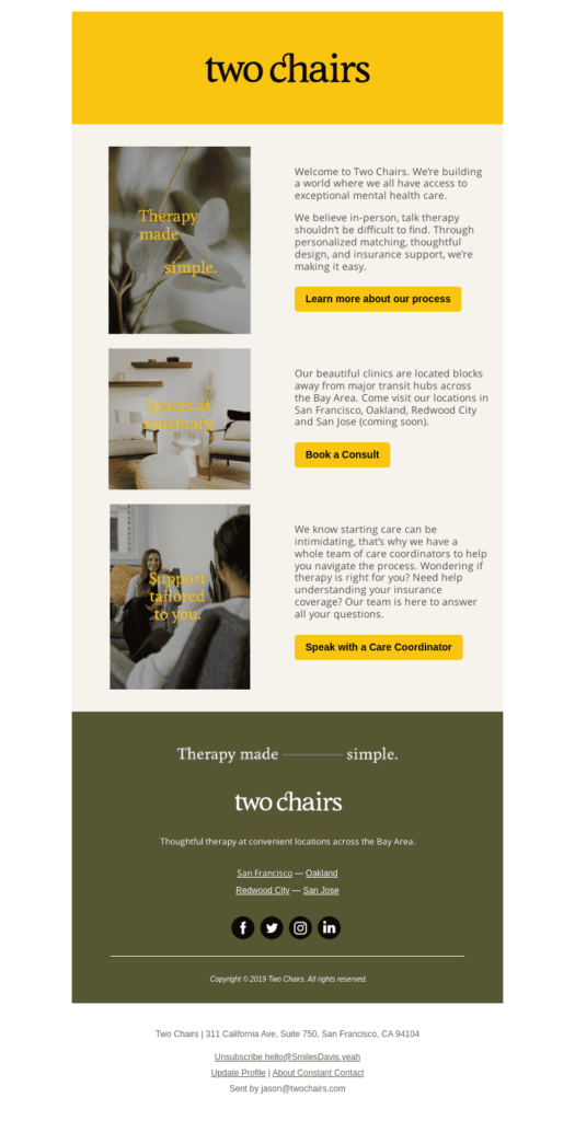 two chairs introductory email about their therapy services