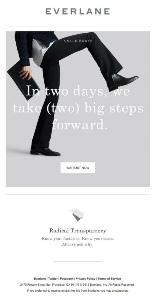 Everlane annoucement email with the banner saying "In two days, we take (two) big steps forward."