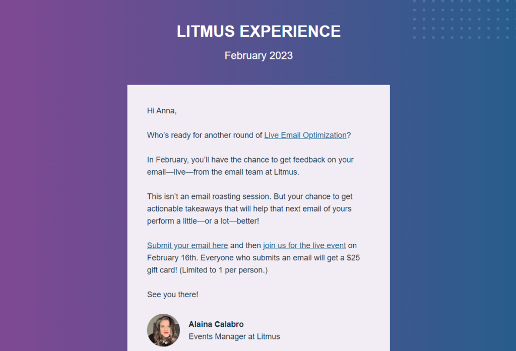 Save the date email template by Litmus offering a $25 gift card for event attendees