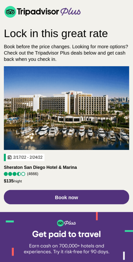 TripAdvisor Plus email with a reminder to book a hotel in Sheraton San Diego Hotel & Marina