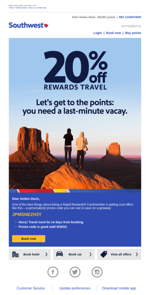 Southwest Airline email with a 20% discount coupon