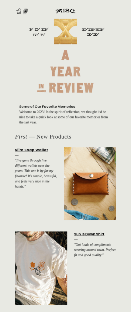 Branding consistency in a year in review newsletter example by Misc. Goods Co