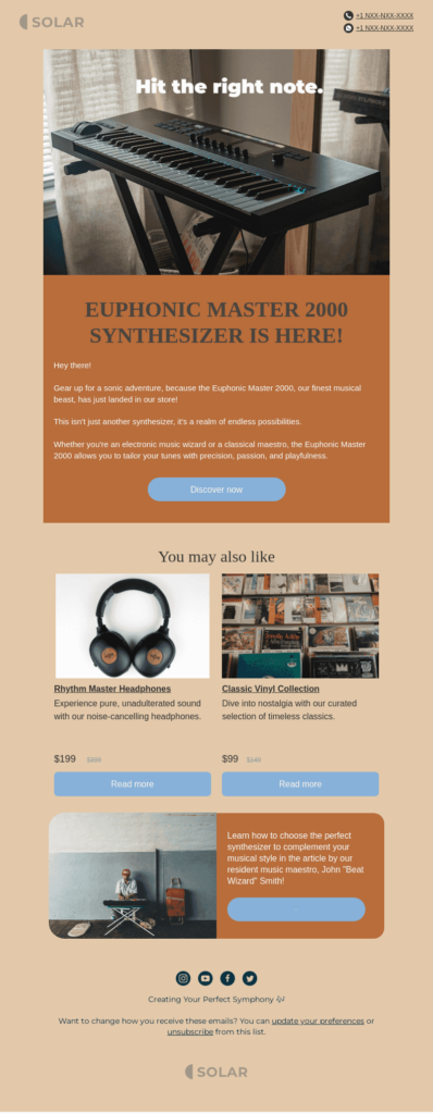 Music email template made in Blocks, a drag-n-drop email builder