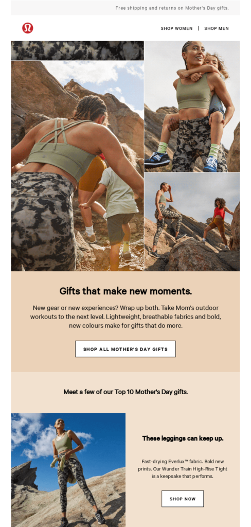 Mother's Day email with a gift guide by Lululemon