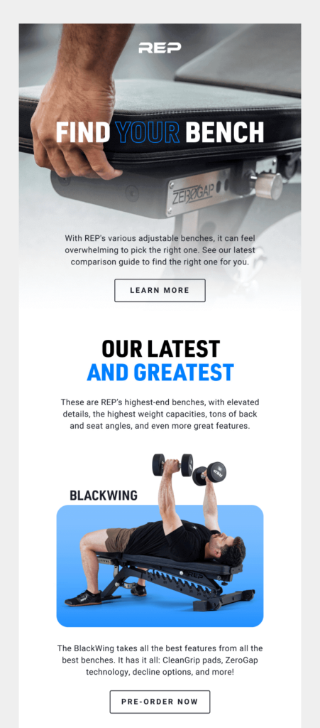 New workout bench launch email by REP