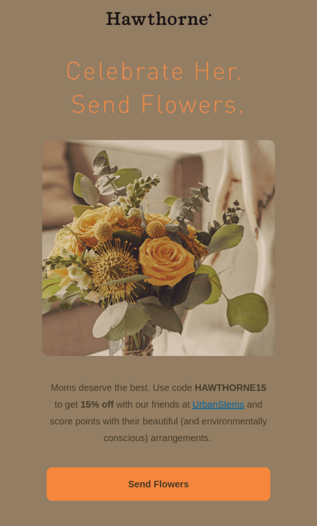 Mother's Day email with a discount coupon by Hawthorne