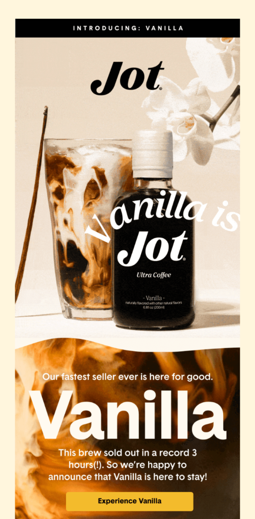 email about Jot's new vanilla coffee 