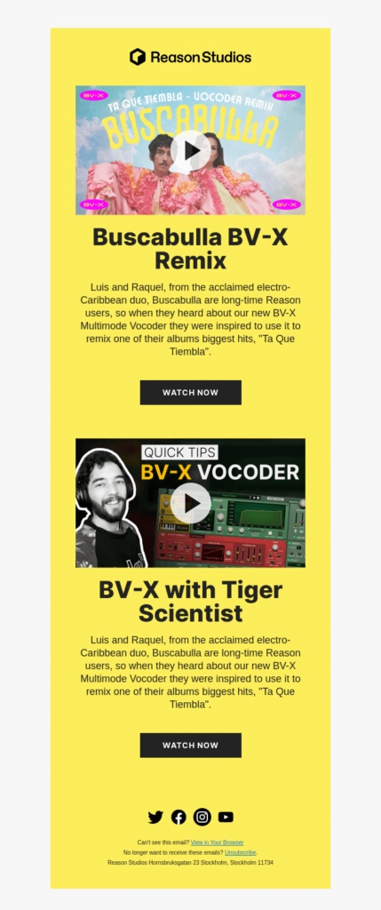 Music template with embedded videos in an email by Reason Studios