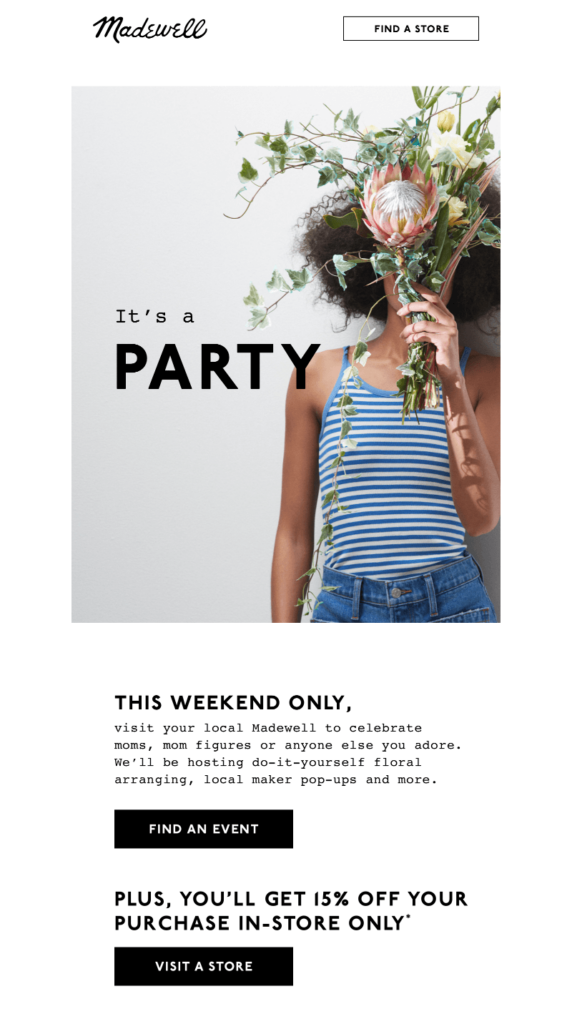 Mother's day email inviting to a physical store by Madewell