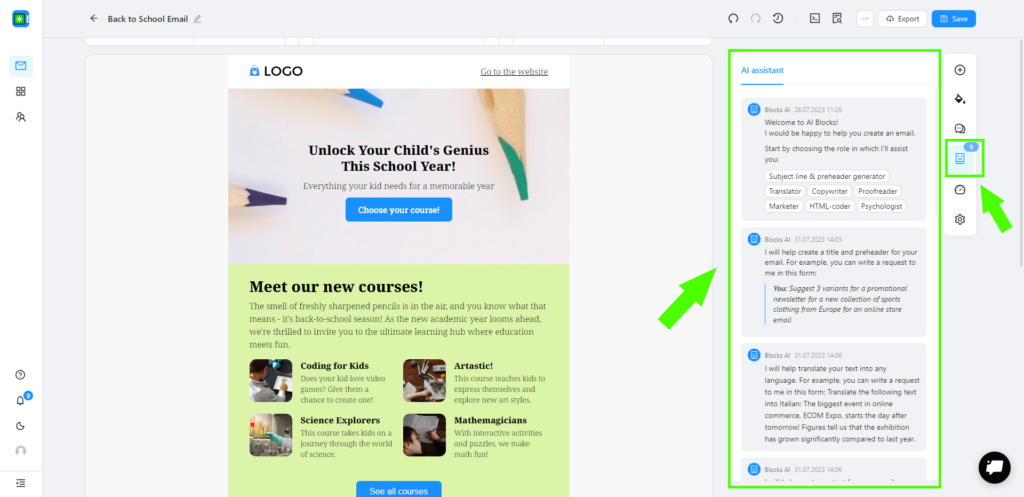 Blocks' AI Assistant for crafting email copy