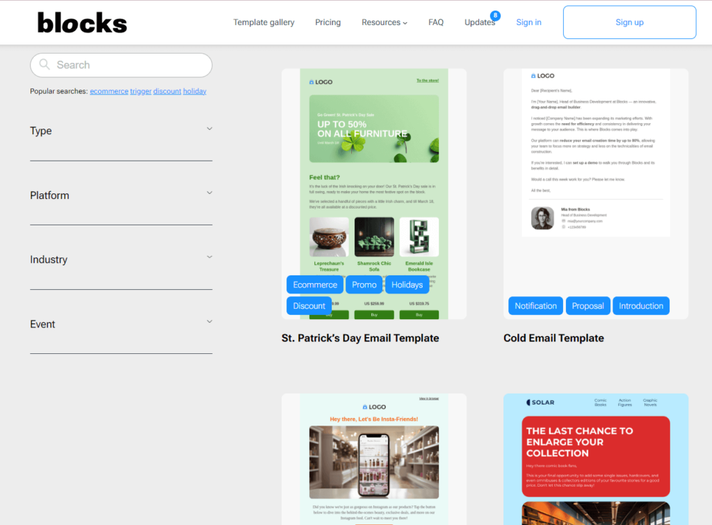 Ready-to-use construction emails in Blocks' template gallery