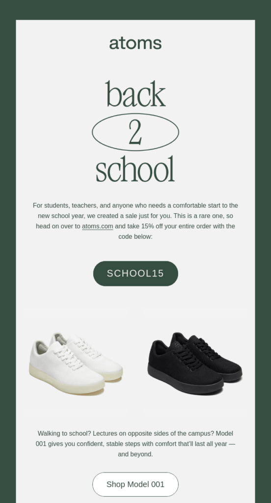 Back to school email template with a seasonal sale by Atoms