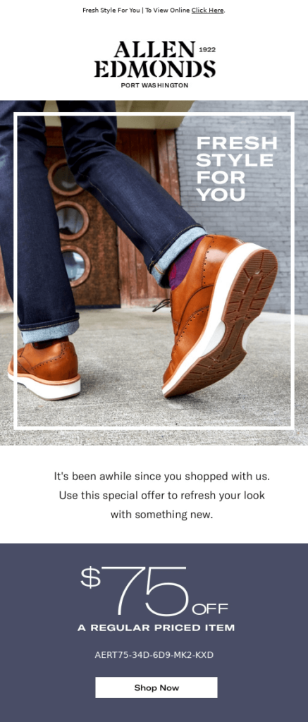 Allen Edmonds follow-up email with a $75 off coupon