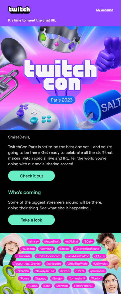 an invitation email by twitch with details about twitchcon