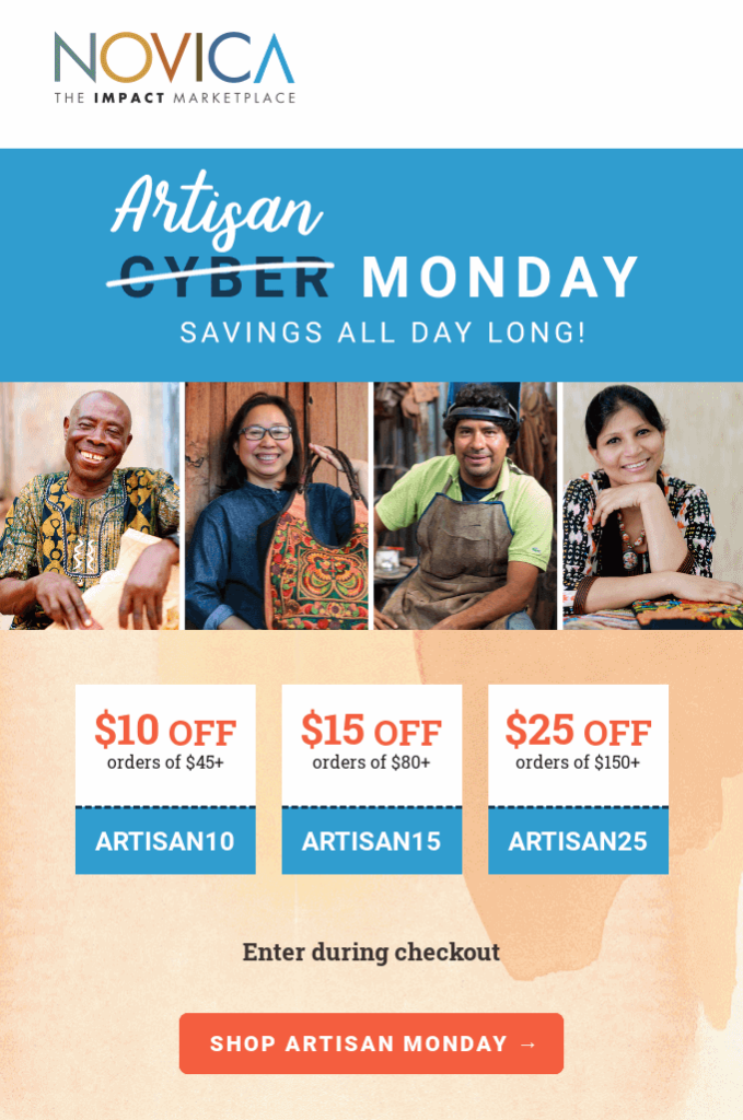 Novica Cyber Monday email about supporting local artisans