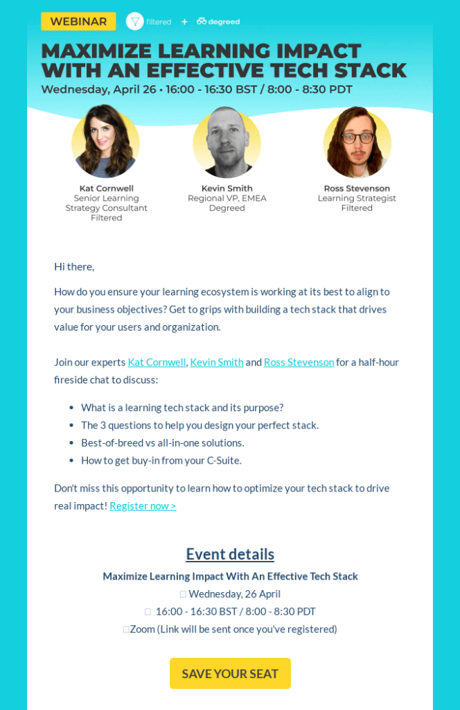 Email by Filtered providing the details on their upcoming webinar