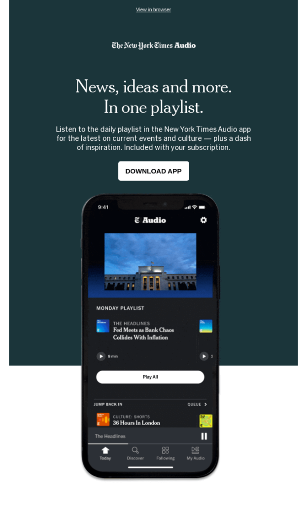 The New York Times Audio product update email