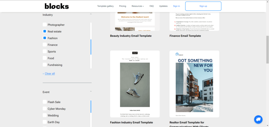 Template gallery in Blocks showcasing industries and events.