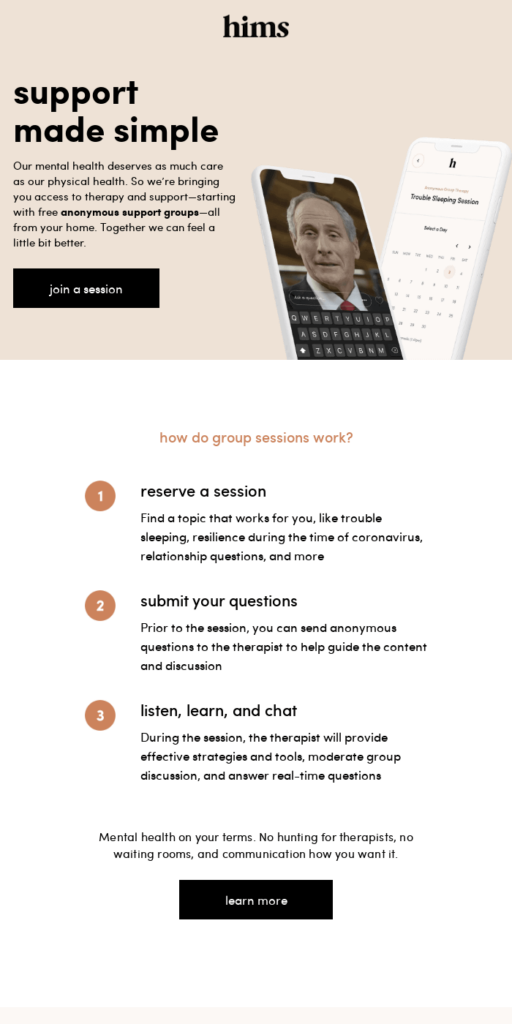 Mental health email template by Hims offering to join an anonymous group to deal with stress