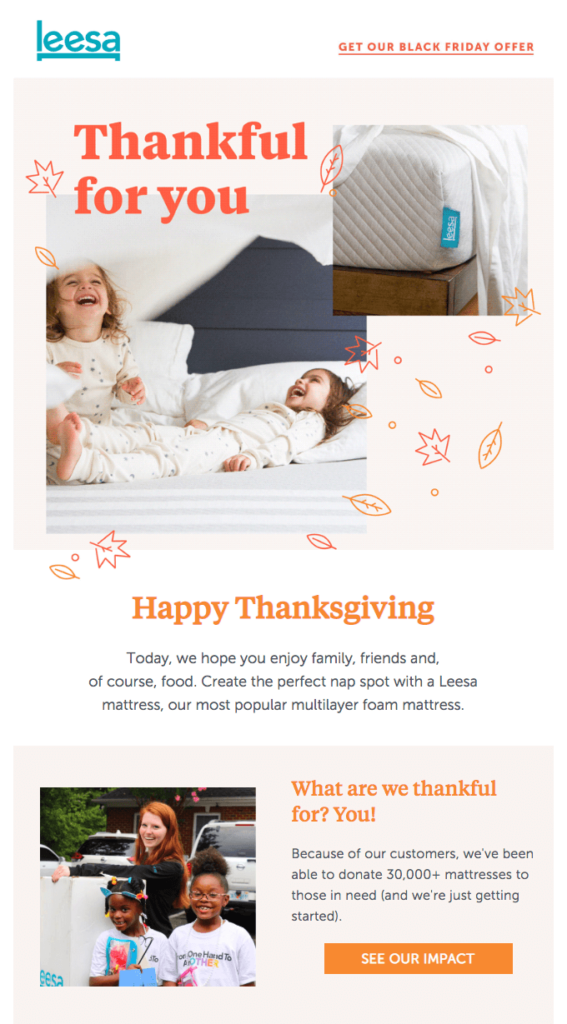 Thanksgiving Day email by Leesa highlighting community efforts