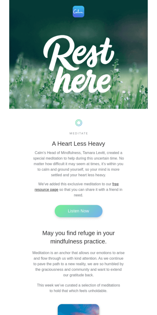 Email template by Calm offering meditations to deal with stress