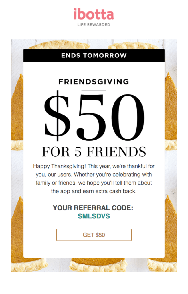 ibotta Thanksgiving email with a limited-time offer