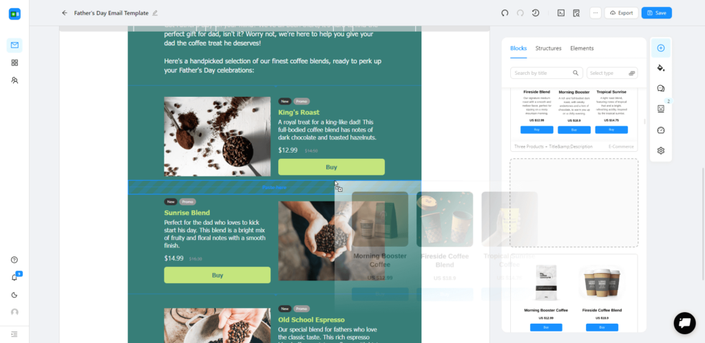 Blocks' drag-and-drop functions for creating Father's Day email templates