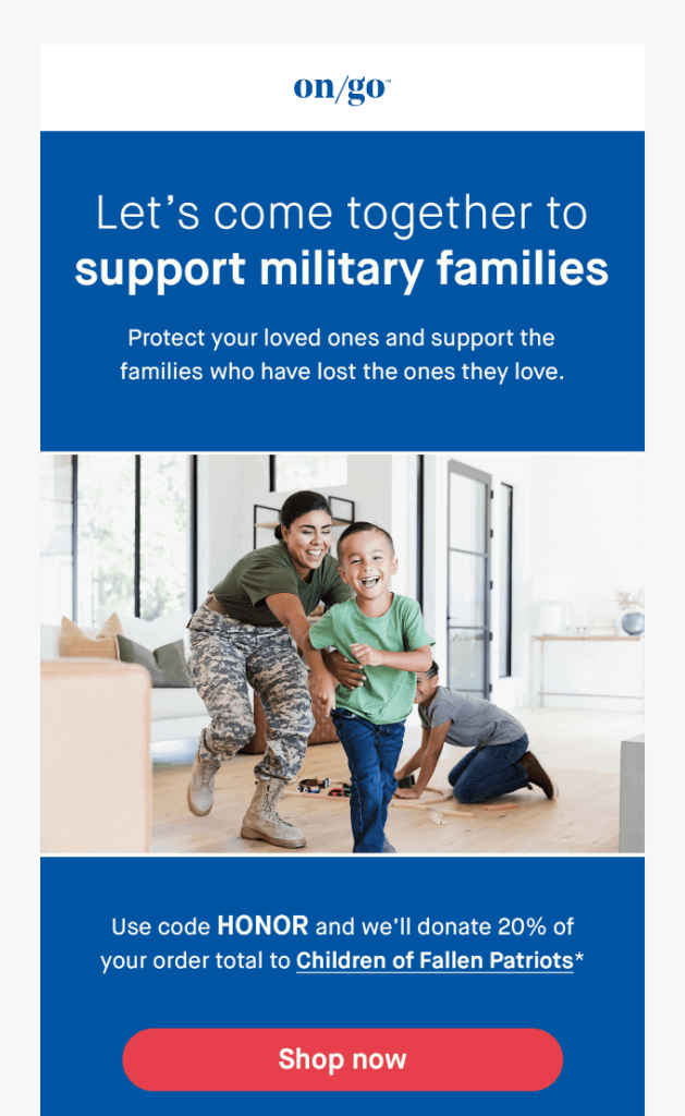 Memorial Day email by On/Go with the CTA to donate for military families support