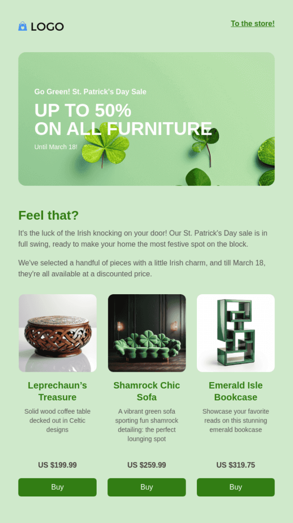 St. Patrick's Day email template created in Blocks