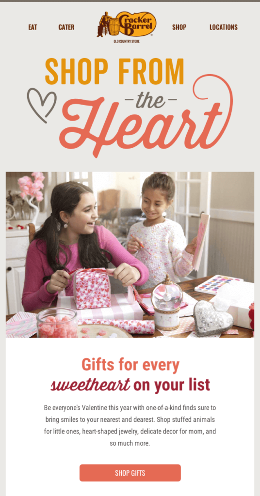 Valentine’s Day email by Cracker Barrel