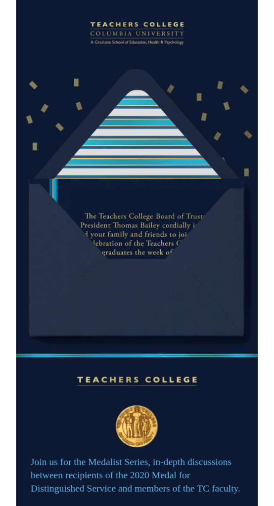 Educational email example by Teachers College, Columbia University