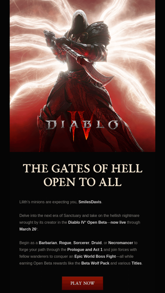 Email for gaming that announces Diablo IV