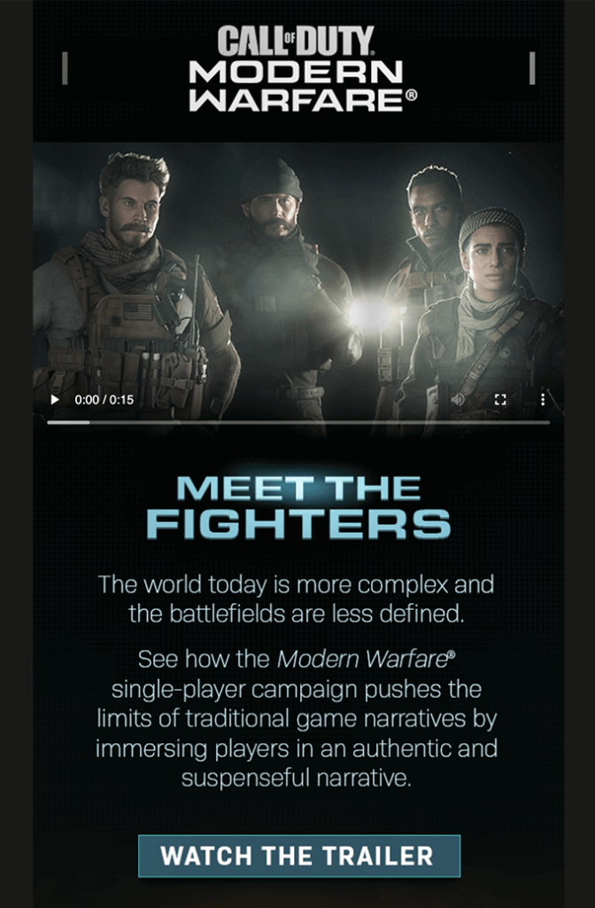 Email for gaming that includes the trailer for Call of Duty: Modern Warfare