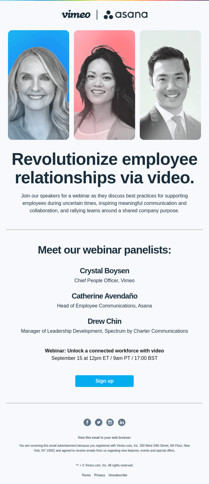 Webinar invitation email by Vimeo with panelists photos & descriptions.