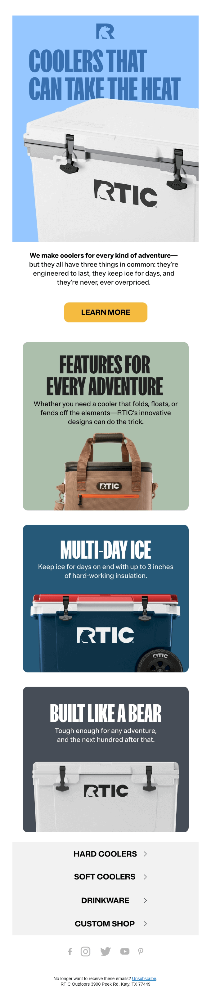 Email by RTIC that shows a variety of coolers for different occasions