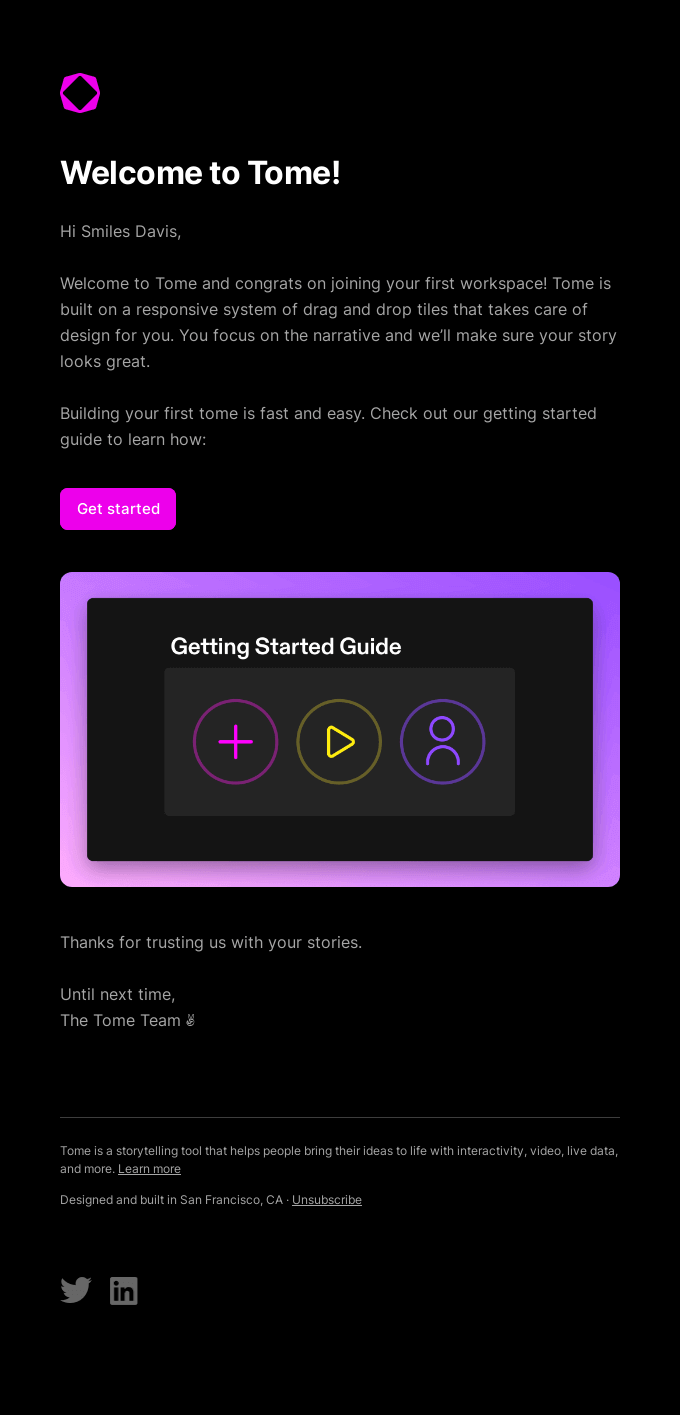 Welcome email by Tome that features the "Getting Started Guide"