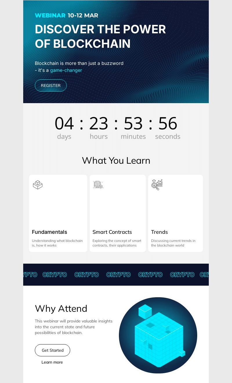 Webinar announcement email template created using Blocks that includes a countdown timer.
