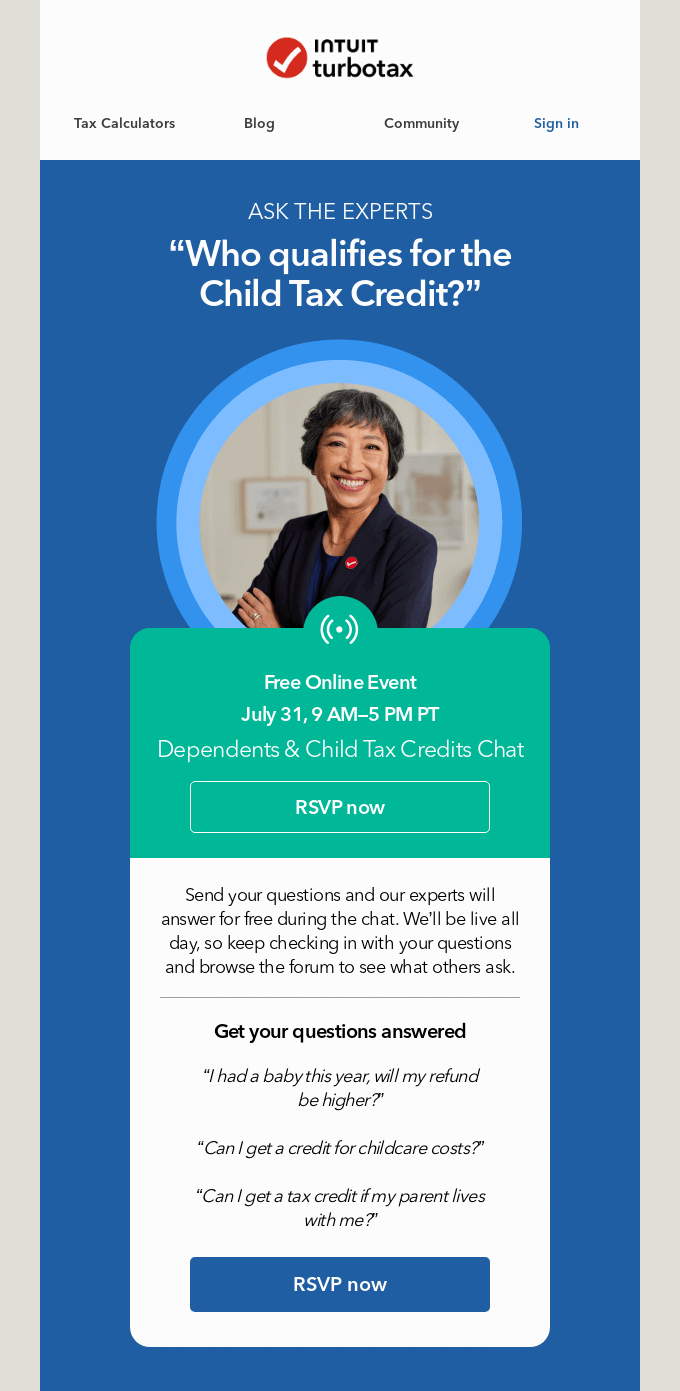 Webinar email by TurboTax that features the "Get your questions answered" section.