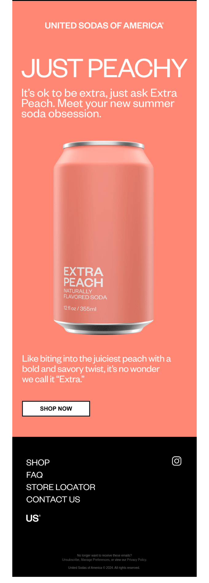 Email by United Sodas of America that uses slang words "extra" and "peachy" to describe the new drink