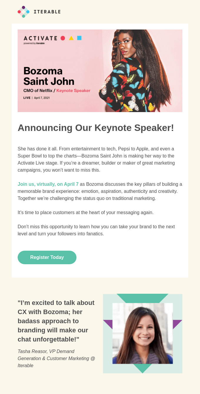 Webinar email by Iterable that features a comment about the guest speaker.