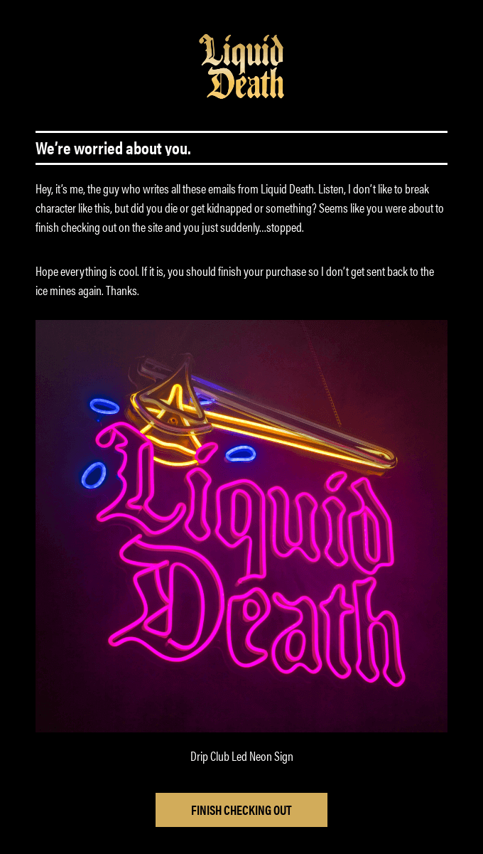 Email by Liquid Death with black humor built around the theme of death