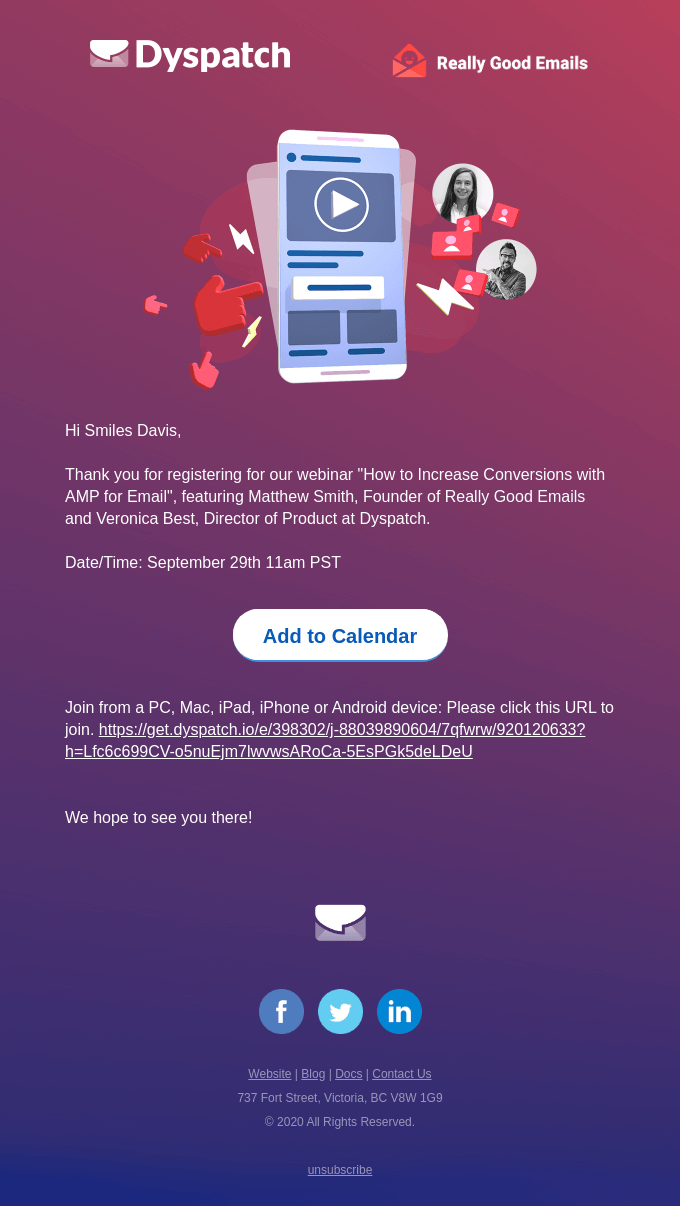 Webinar email by Dyspatch that prominently features the "Add to Calendar" CTA.