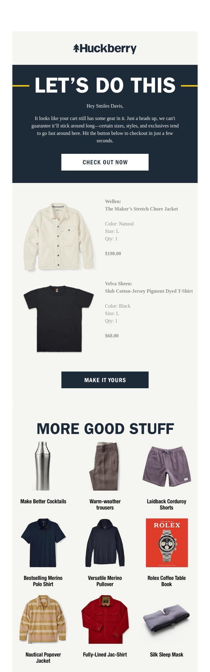 Abandonded cart email by Huckberry with humorous subject line and email copy