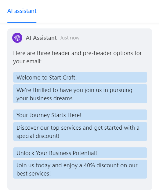 Welcome subject line and preheader options generated using the AI Assistant