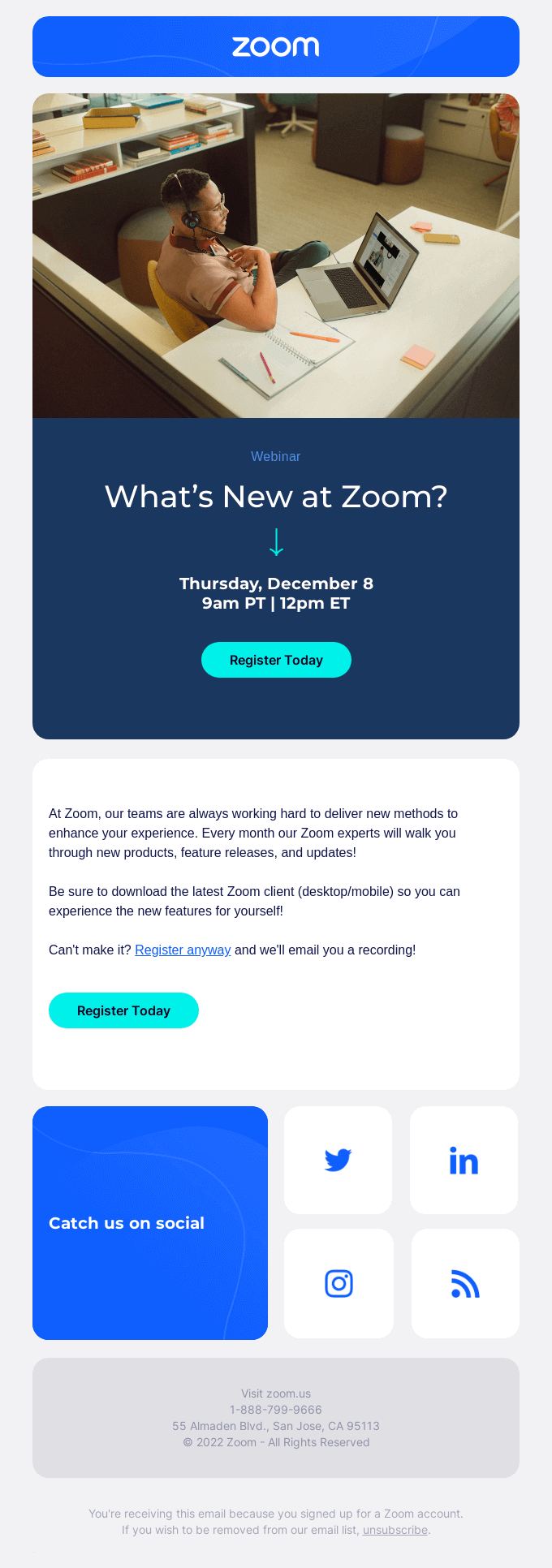 Webinar email by Zoom about the service's new features.