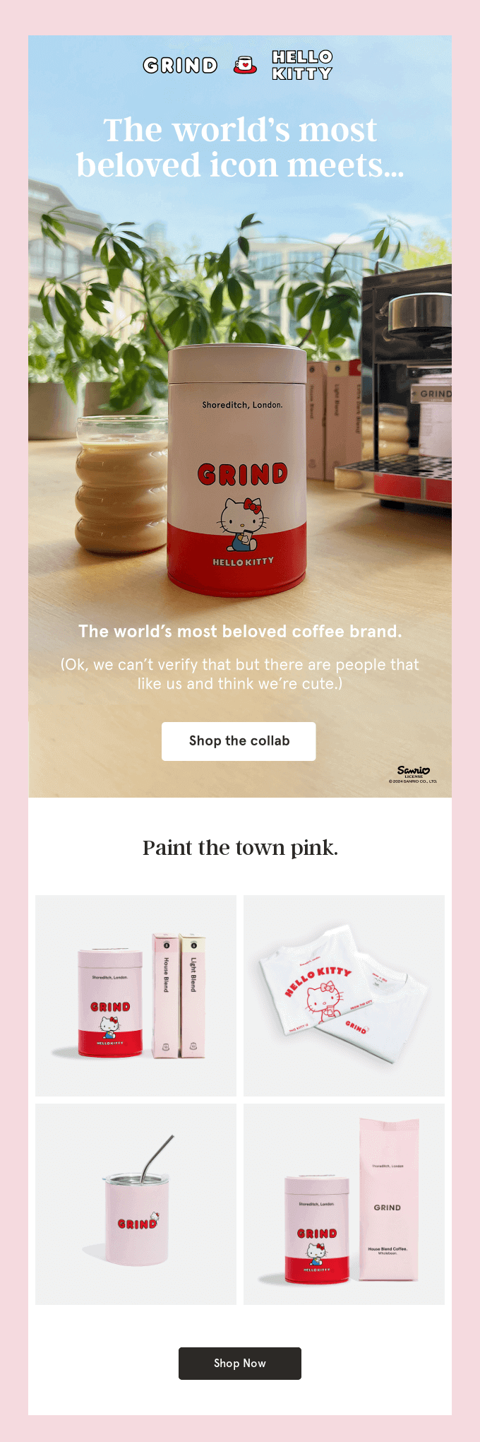 Email by Grind that announces its collaboration with Hello Kitty in a humorous manner