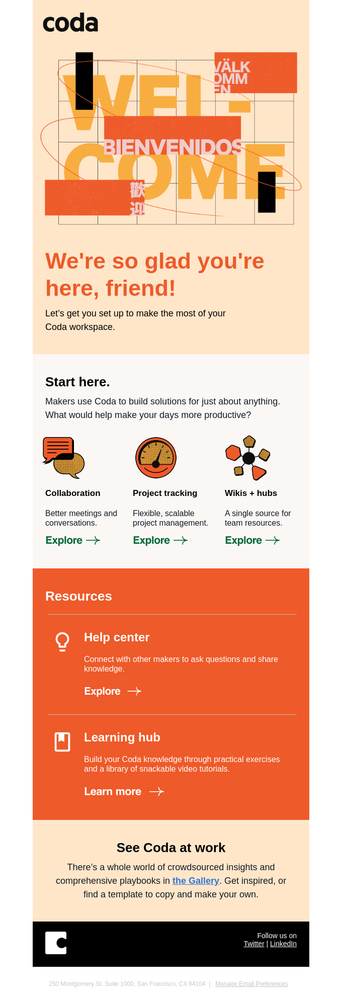 A welcome email example by Coda