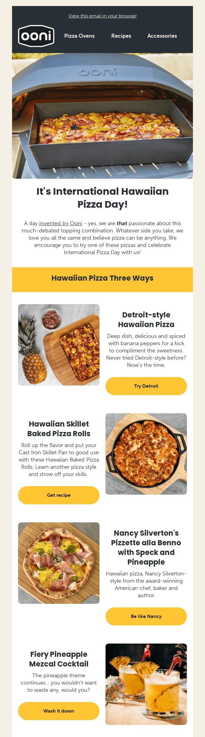 Email by Ooni Pizza Ovens with funny subject line and email copy about the "controversial" pineapple pizza