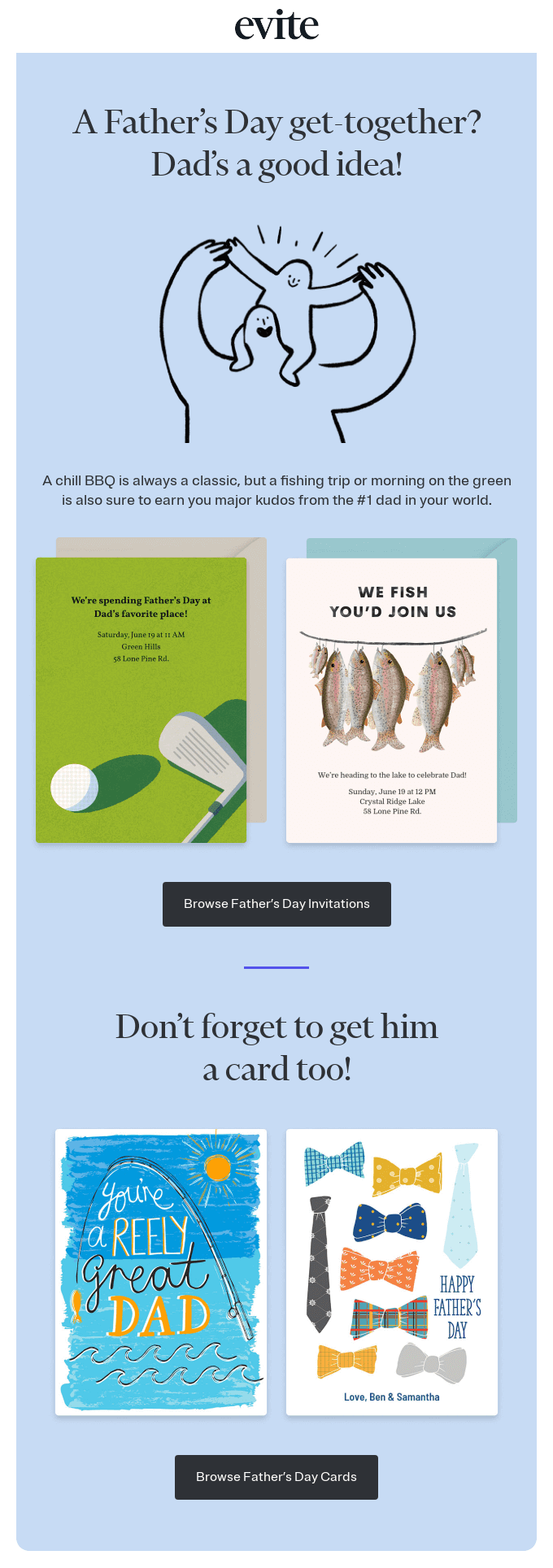 Father's Day email by Evite with a humorous email copy that contains dad jokes