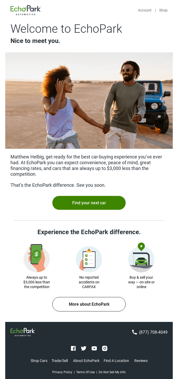 Personalized welcome email by Echo Park